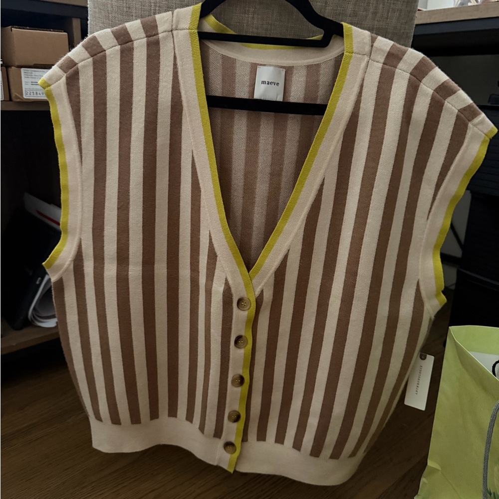 Anthropologie Maeve Brown and Cream Striped V-Neck Sweater Vest